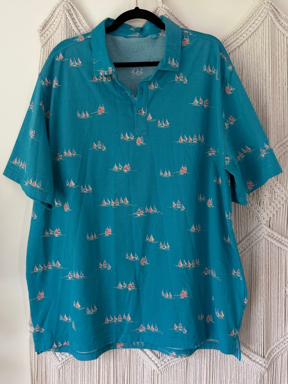 Tori Richard Honolulu Men's Teal Short-Sleeve Polo with Sailboat Print Shirt 2XL